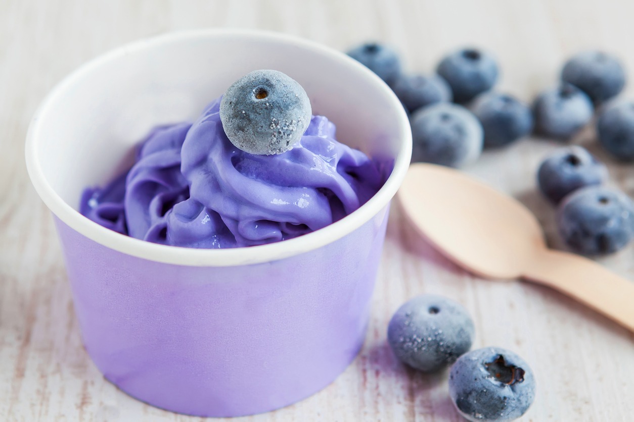 Serving-of-frozen-creamy-ice-yoghurt-with-whole-fresh-blueberries-and-wooden-spoon-with-selective-focus