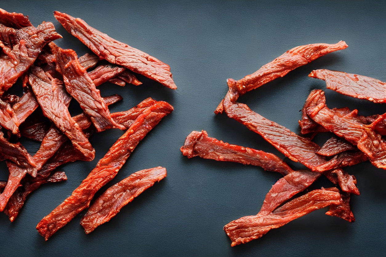 Closeup shot of juicy Beef Jerky on the table