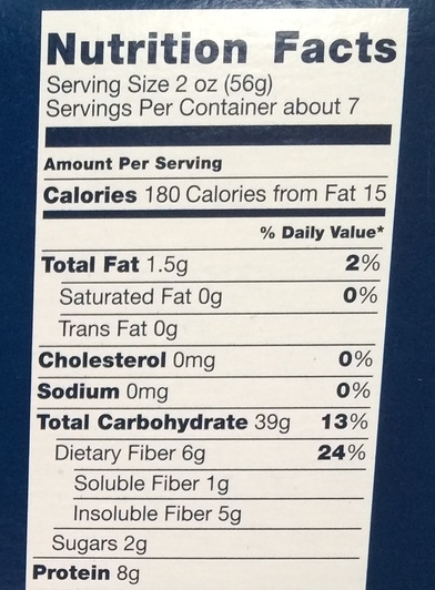 Whole Wheat Pasta Nutrition Facts Panel